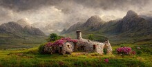 Imaginative Scottish Stone Wall Cottage And Enchanted Dreamy Surrealism. Scenic Imaginative Highland Mountain And Hills, Colorful Wild Flowers And Gorgeous Puffy Clouds With Hazy Fog.