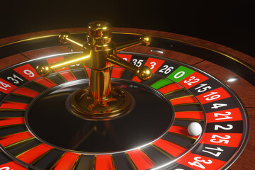 Golden and shiny casino roulette wheel having its ball landed on the slot number 25.