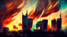 City On Fire, Buildings Crumbling, Flames Reaching Into The Sky