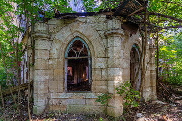  Old ruined abandoned historical Khvostov's mansion in Gothic style