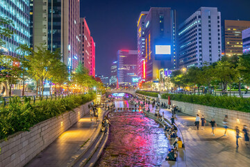 Cheonggyecheon, a modern public recreation space in downtown Seoul, South Korea