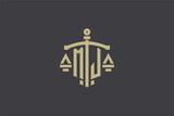 Fototapeta  - Letter MJ logo for law office and attorney with creative scale and sword icon design