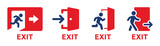 Fototapeta  - Emergency exit icon vector set. Evacuation sign for safety with people running, door and arrow symbol illustration.