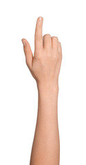 Wall Mural - Woman pointing at something on white background, closeup of hand
