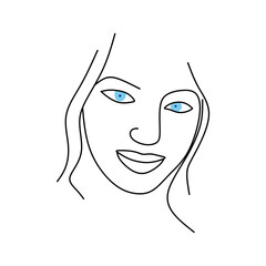 Wall Mural - Linear illustration of a girl's face with blue eyes. Beautiful drawing of a woman's face. Abstract minimal female portrait. Logo, badge, label.