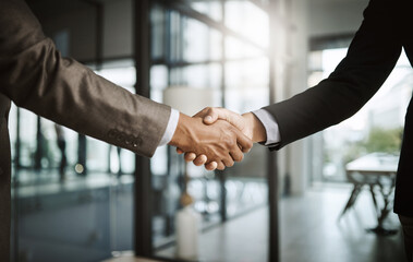 Leinwandbilder - Professional corporate males giving handshake in modern office after agreeing on business deal closeup. Two confident, formal and executive men coming to an agreement together at the end of a meeting