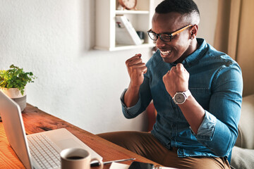 Aufkleber - Creative entrepreneur with a laptop celebrating, cheering and feeling excited after reading email with good news. Happy, smiling and successful freelancer working from home on technology for startup