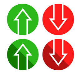 Poster - Red down green up arrow icon sign vector isolated on circle shape. Cryptocurrency, stock and forex investment trading analysis.	