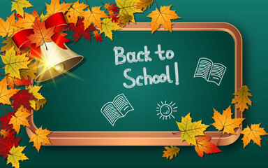 Back to school, education autumn style vector illustration. Green chalkboard background with colorful leaves