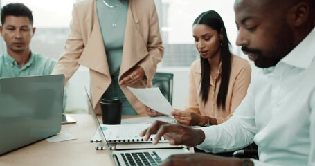 Poster - Group of business people having a meeting in an office. Brainstorming, sharing ideas while discussing a project and reading reports. Teamwork by focused, diverse professional team researching online