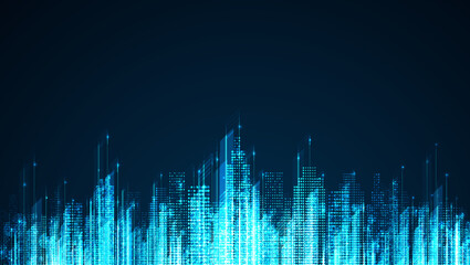 Poster - Cityscape on dark blue background with bright glowing neon. Technology city background