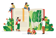 People Read Book Story. Dream Day Festival In Open Library. Family Education. Graphic Night Trees And Flowers. Literature Lovers. Huge Textbook. Happy Readers Leisure. Vector Concept