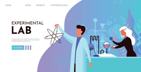 Aufkleber - Medical lab research landing page. Chemistry experimental laboratory with scientists. Website template. Doctor and people analysis. Scientific discovery. Vector illustration concept