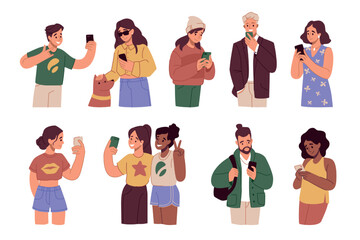 Poster - People holding phones. Happy men and women, person talking and online chatting. Reaction and emotions on smartphones. Young boys and girls technology or internet communication vector set
