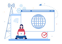 ISP Or Internet Service Provider Cartoon Illustration With Keywords And Icons For Intranet Access, Secure Network Connection And Privacy Protection