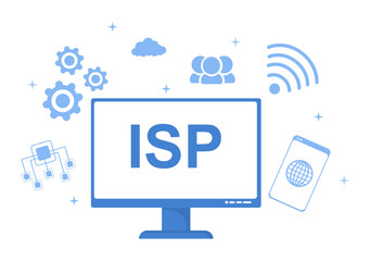 ISP or Internet Service Provider Cartoon Illustration with Keywords and Icons for Intranet Access, Secure Network Connection and Privacy Protection