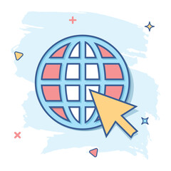 Wall Mural - vector cartoon go to web icon in comic style. globe world sign illustration pictogram. www url busin