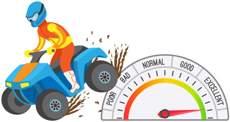Speedometer and biker on quad bike, car speed control. Tachometer with color sectors from poor to excellent. Speedo with scales and pointers for measurement of speed and kilometers in vehicle