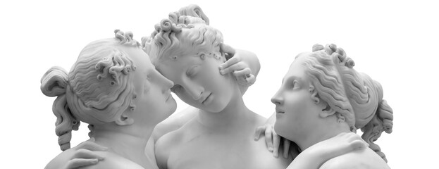 The Three Graces, Le tre Grazie. Neoclassical sculpture, in marble, of the mythological three charites isolated on white background