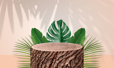 round modern wood slice podium for product display and green tropical leaves with pastel pink background