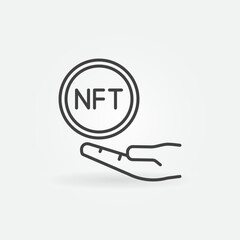 Poster - Hand with NFT Coin vector line Non-Fungible Token concept icon