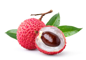 Wall Mural - juicy lychee with cut in half isolated on white background. clipping path.