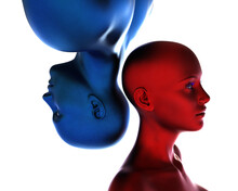 3d Render. Portrait Of A Blue Bald Man Upside Down And A Red Bald Woman On A White Background. 
