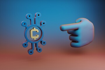 Aufkleber - Beautiful illustrations abstract Hand index finger points to Blockchain Token symbol icon on a multicolor bright background. 3d rendering illustration. Background pattern for design. .