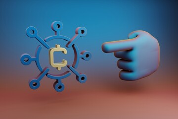 Aufkleber - Beautiful illustrations abstract Hand index finger points to Cryptocurrency Token symbol icon on a multicolor bright background. 3d rendering illustration. Background pattern for design. .