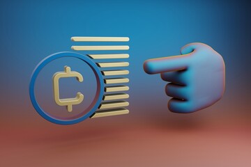 Poster - Beautiful illustrations abstract Hand index finger points to Cryptocurrency Coin save symbol icon on a multicolor bright background. 3d rendering illustration. Background pattern for design. .
