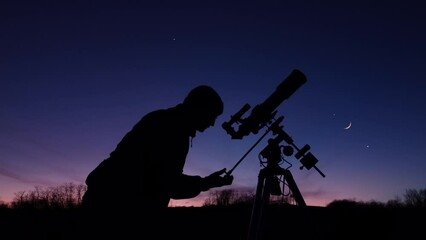 Wall Mural - silhouette of a man, telescope, stars, planets and shooting star under the night sky.