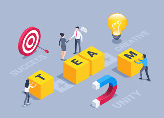 isometric vector illustration on a gray background, people in business clothes shift cubes with the word team and target icons with light bulb and magnet, team building or teamwork