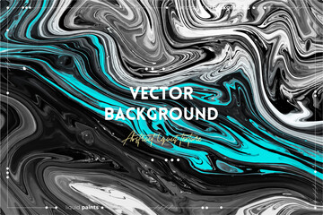 Wall Mural - Fluid art texture. Backdrop with abstract swirling paint effect. Liquid acrylic picture that flows and splashes. Mixed paints for website background. Black, white and aquamarine overflowing colors.