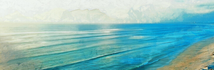 Ocean waves wash the beach, panoramic view, summer season