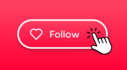 Poster - Hand mouse cursor click pink red follow button or sign for website, mobile app, UI.