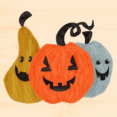 Three halloween pumpkins jack-o-lanterns with cute happy smiling faces orange mustard yellow and grey illustration vector greetings card icon with texture background autumn fall october