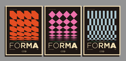 Set or retro styled posters with geometric vintage colored patterns for wall art prints or covers. Vector illustration