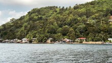 Panoramic View Of Some Small Buildings Surrounded By Trees At The Sea Side