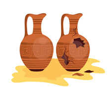 Broken Ancient Amphora Icon With Two Handles. Old Traditional Vintage Pot. Antique Clay Vase Jar. Ceramic Jug Archaeological Artefact. Greek Or Roman Vessel Pottery For Wine, Oil. Vector Illustration