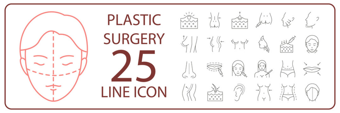 Plastic surgery vector line icon set. Human body and face or skin. Body care beauty