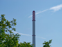 Selective Focus Shot Of A Tall Factory Chimney With Green Branches In The Foreground