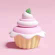  3d cartoon cupcake with a pink and white swirl and a mint leaf, ai generated