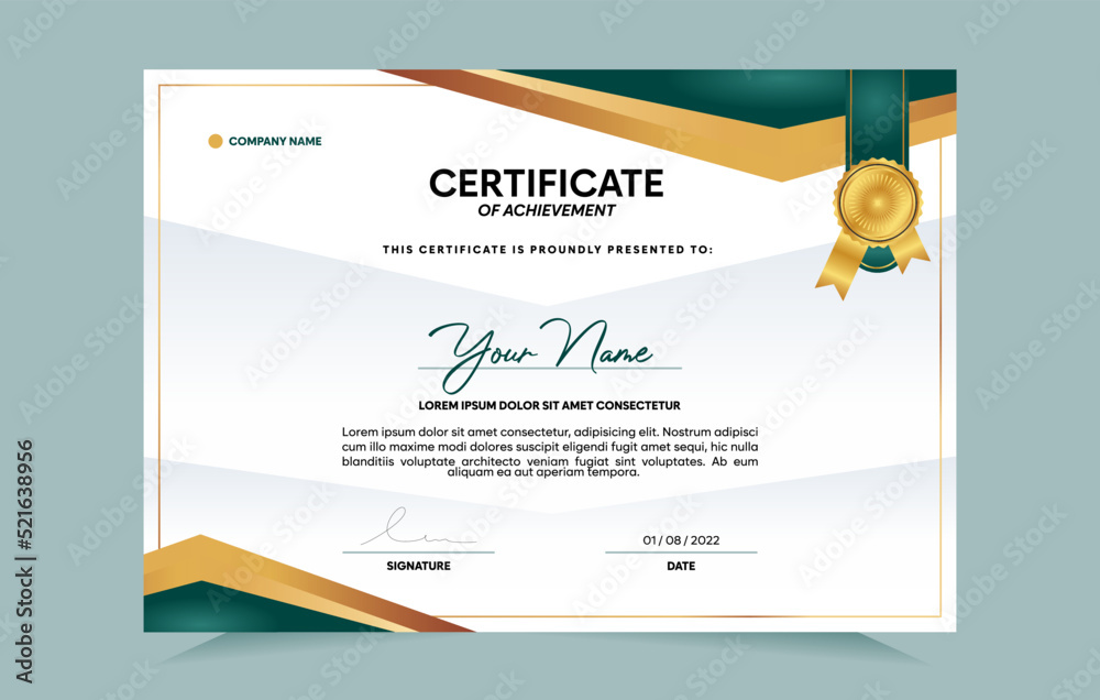 Green and gold certificate of achievement template set with gold badge ...