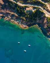 Aerial View Of The Beautiful Coastline With Sailing Boats Near Rio, Elba Island, Tuscany, Italy.
