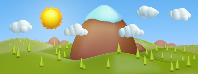 Wall Mural - 3d realistic cartoon panorama summer landscape background with big mountain and snow peak, clouds, sun, on blue sky. Cute children nature environment composition. Vector illustration.