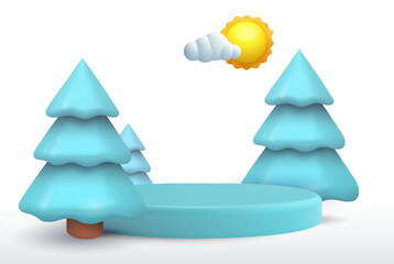 Wall Mural - Realistic cartoon 3d winter nature composition in minimal cute style. Snow exhibition, podium, pedestal or island with christmas trees. Cute template background composition. Vector illustration.