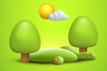 Realistic cartoon 3d summer nature composition in minimal cute style. Green ecology exhibition, podium, pedestal or island with trees. Cute template background composition. Vector illustration.