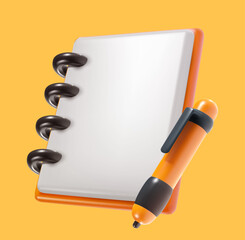 Fototapete - 3d cartoon plastic glossy paper notebook and pen isolated on yellow background. Realistic cute vector illustration. Minimalistic stylised element. Concept design for business, game project.