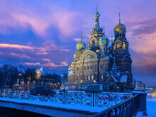 Saint Petersburg Christmas. Russia Temples. Church Of Savior On Spilled Blood In Saint Petersburg What Glorious Church On Christmas Night. Winter Landscape Petersburg. New Year Holidays In Russia.
