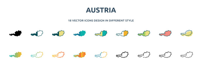 Poster - austria icon in 18 different styles such as thin line, thick line, two color, glyph, colorful, lineal color, detailed, stroke and gradient. set of austria vector for web, mobile, ui